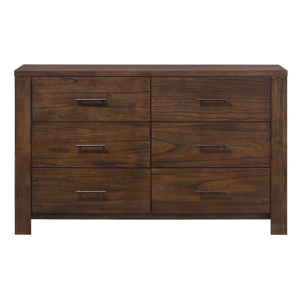 59" Brown Solid Wood And Brass Six Drawer Double Dresser