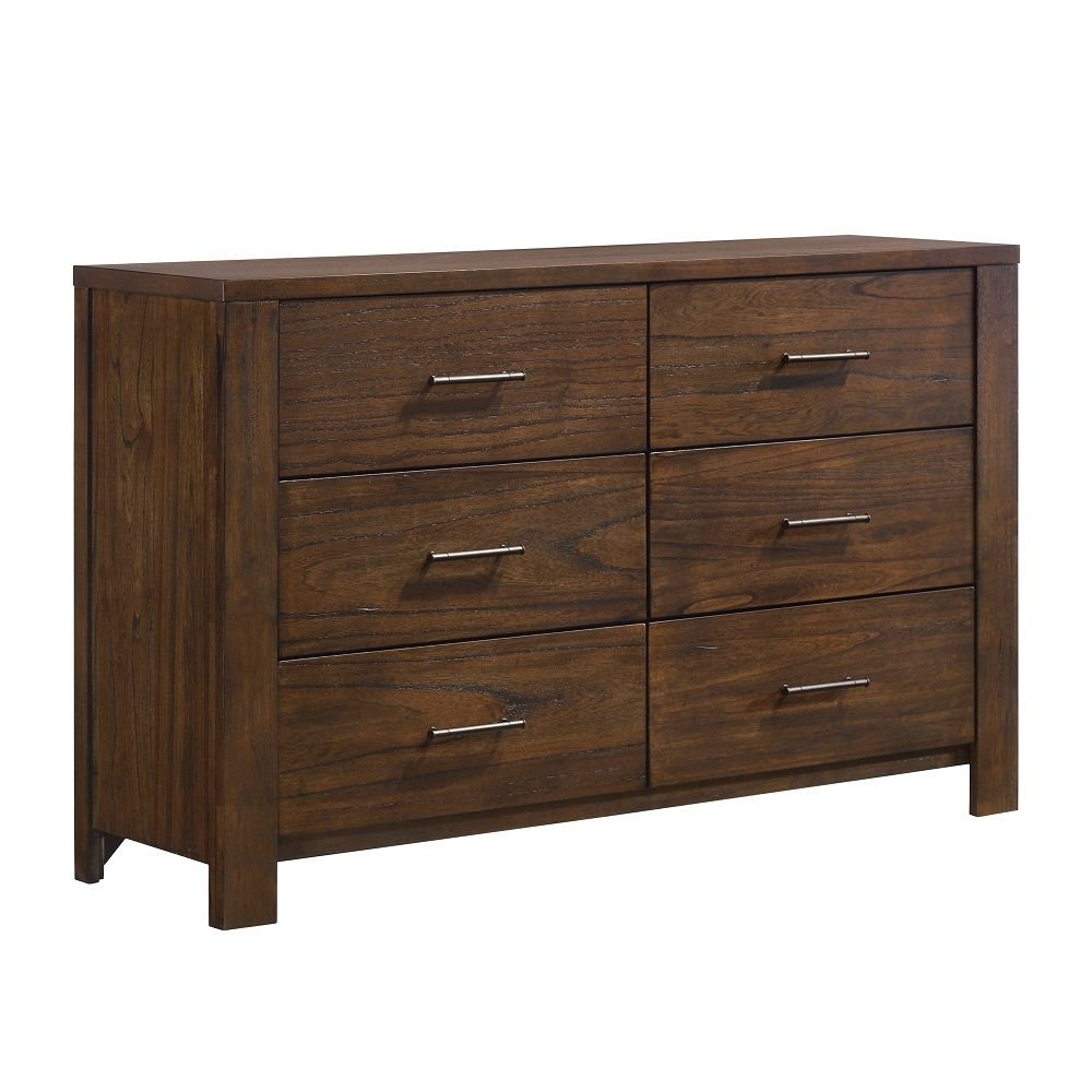 59" Brown Solid Wood And Brass Six Drawer Double Dresser