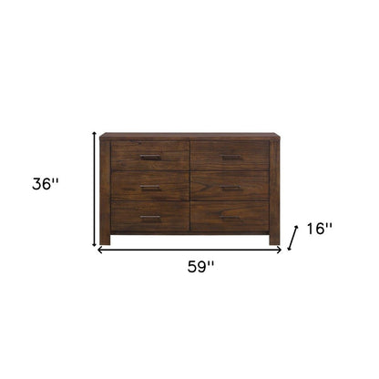 59" Brown Solid Wood Six Drawer Dresser