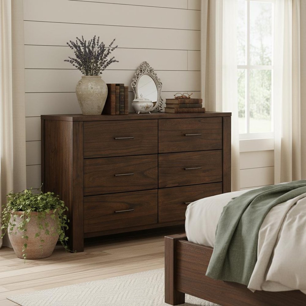 59" Brown Solid Wood And Brass Six Drawer Double Dresser