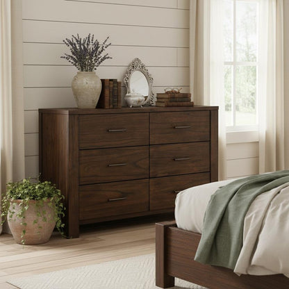 59" Brown Solid Wood Six Drawer Dresser