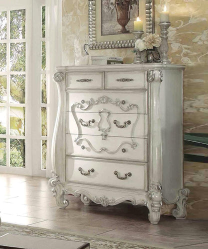 47" White Carved Scrollwork Solid Wood Five Drawer Dresser