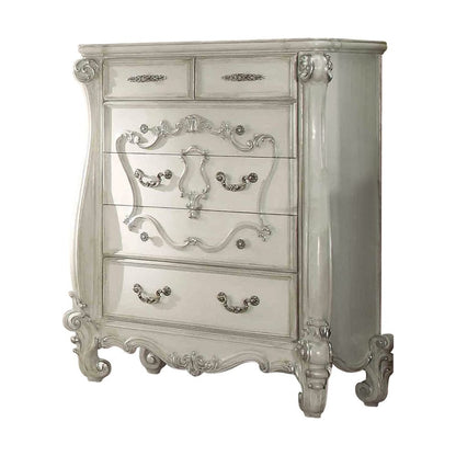 47" White Carved Scrollwork Solid Wood Five Drawer Dresser