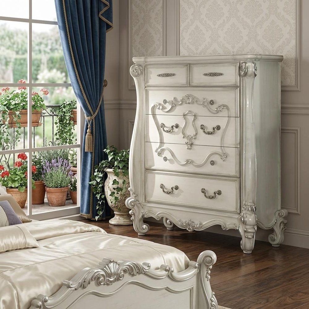 47" White Solid Wood Five Drawer Dresser