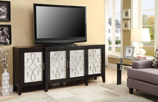 72" Black And Silver Mirrored Solid Wood Distressed Solid Console Table