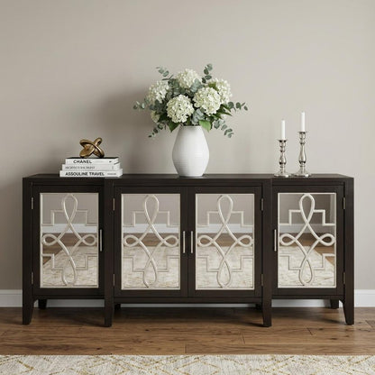 72" Black and Silver Mirrored Solid Wood and Glass Distressed Solid Console Table