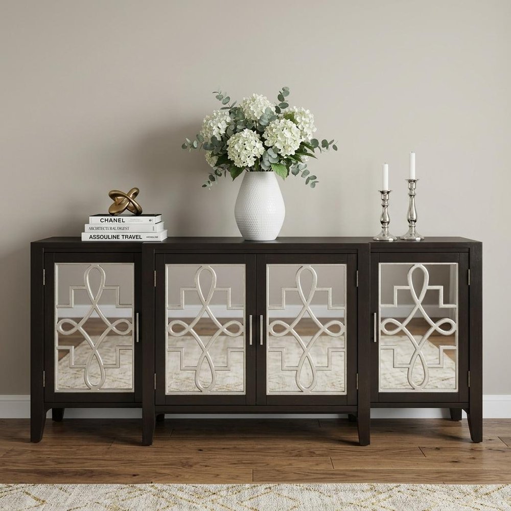 72" Black and Silver Mirrored Solid Wood and Glass Distressed Solid Console Table
