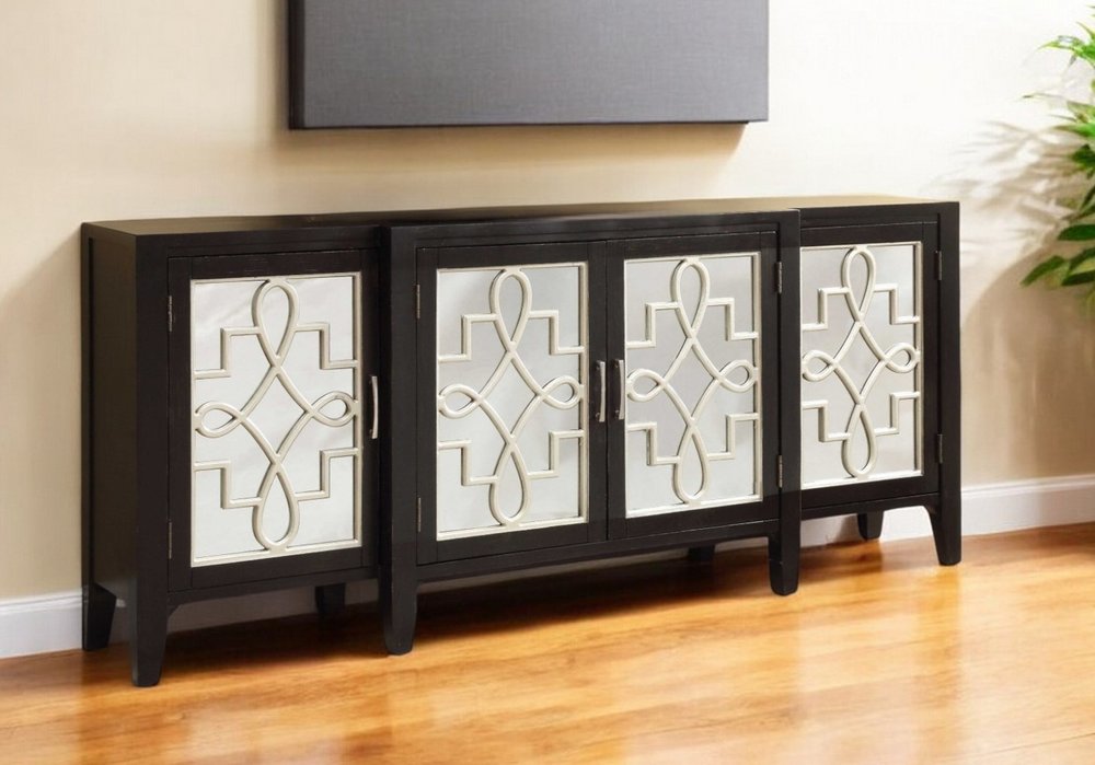 72" Black And Silver Mirrored Solid Wood Distressed Solid Console Table