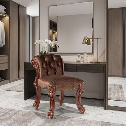 25" Dark Brown Fabric and Wood Vanity Chair