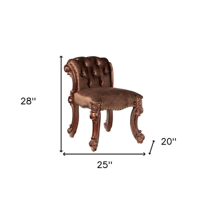 25" Dark Brown Fabric and Wood Vanity Chair