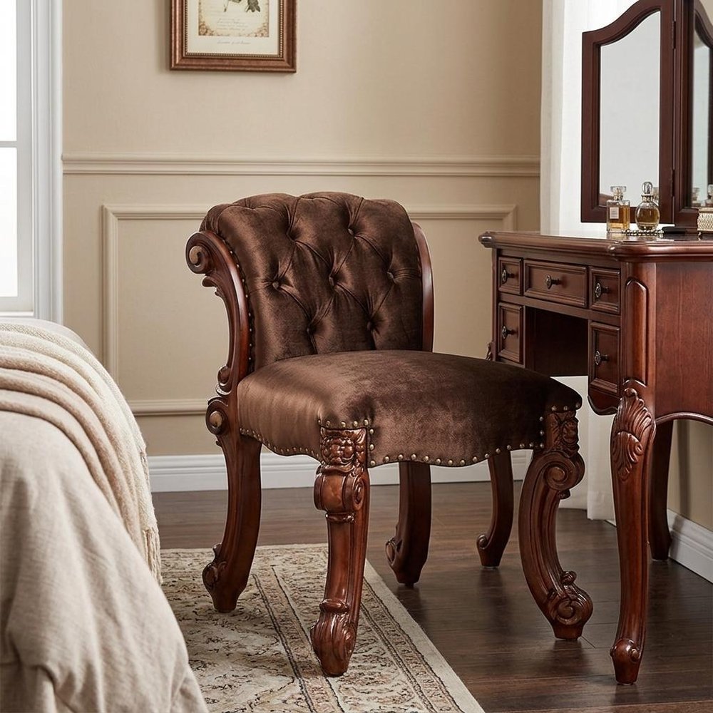 25" Dark Brown Fabric and Wood Vanity Chair