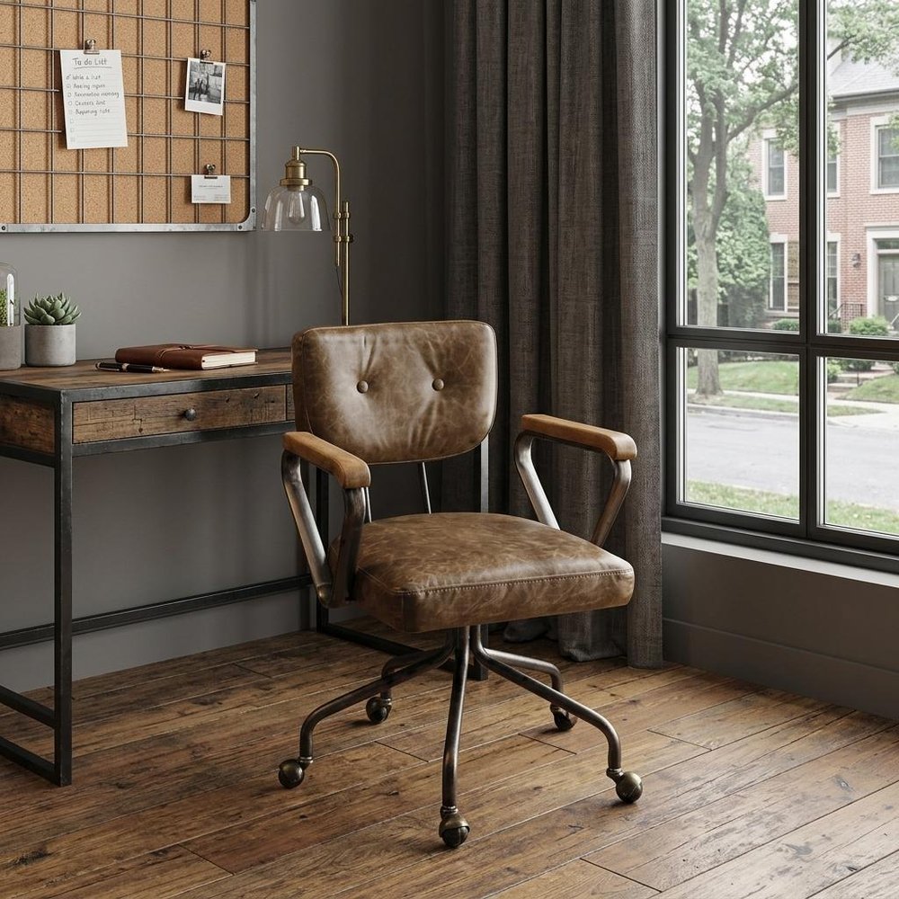 Brown and Black Swivel Faux Leather Rolling Office Chair