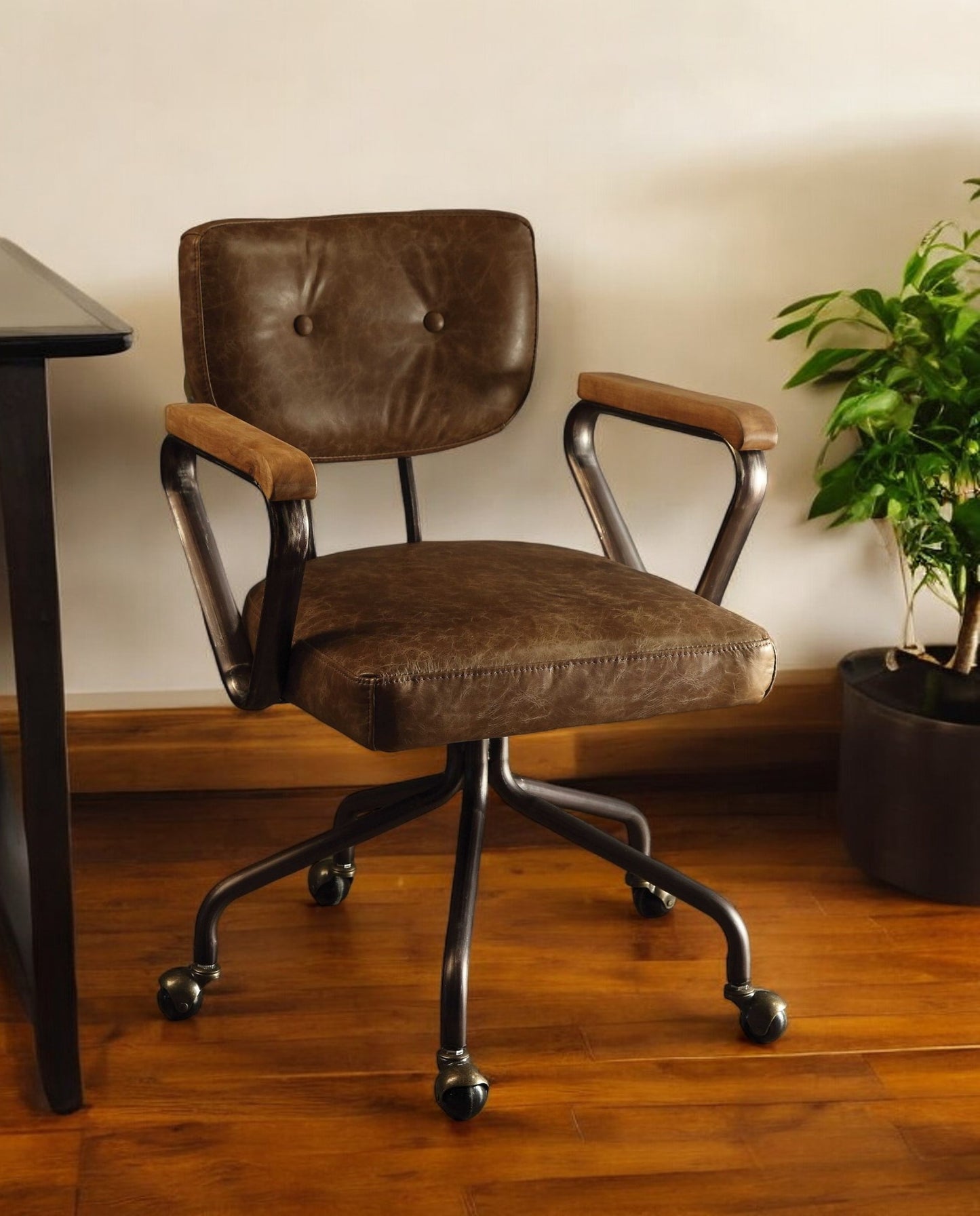 Brown and Black Swivel Faux Leather Rolling Office Chair