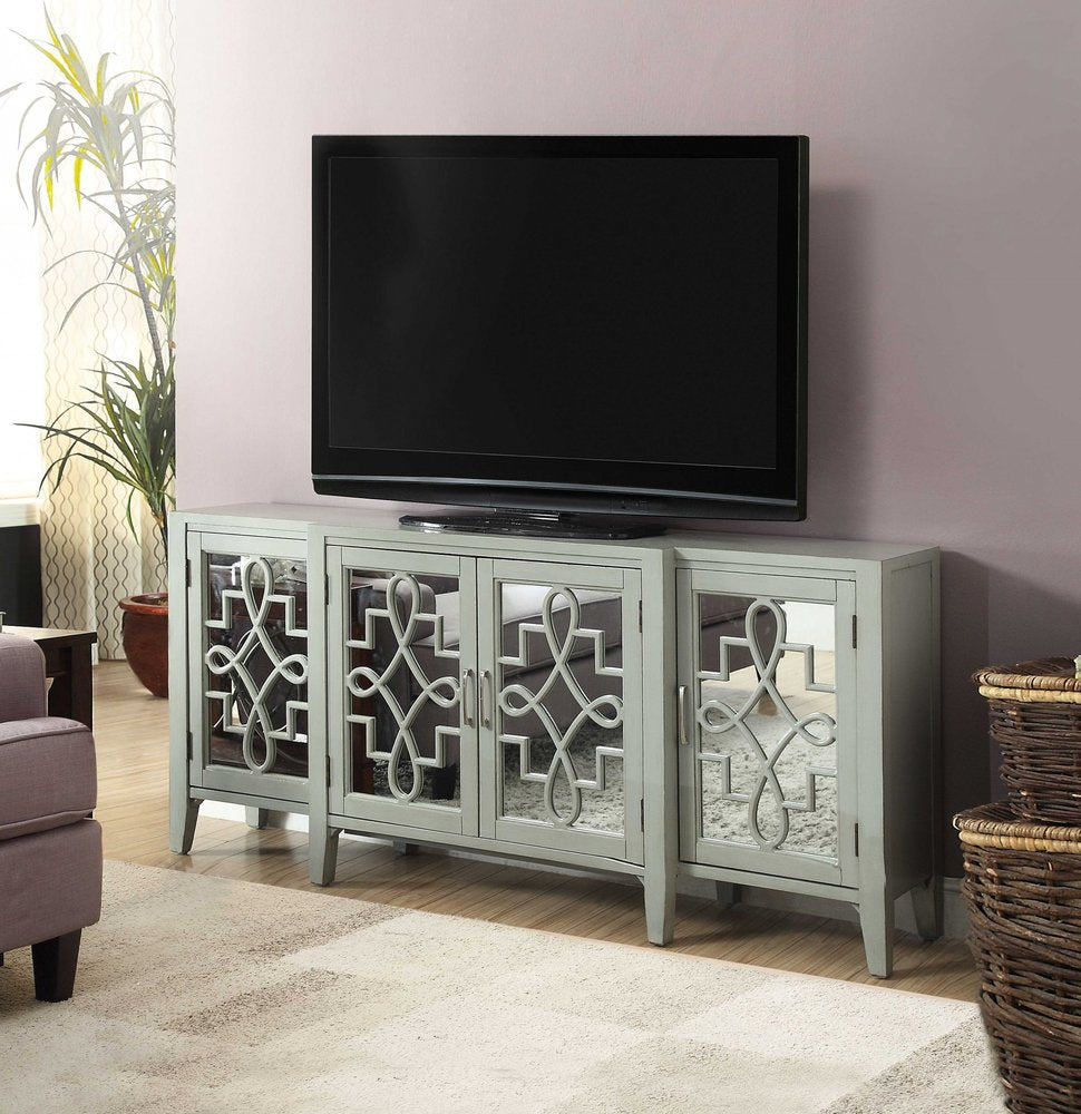 72" Gray And Silver Mirrored Wood Distressed Solid Console Table