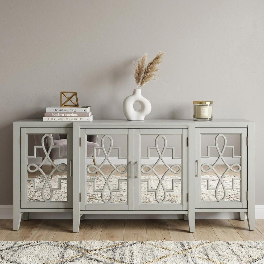 72" Black and Silver Mirrored Solid Wood and Glass Distressed Solid Console Table