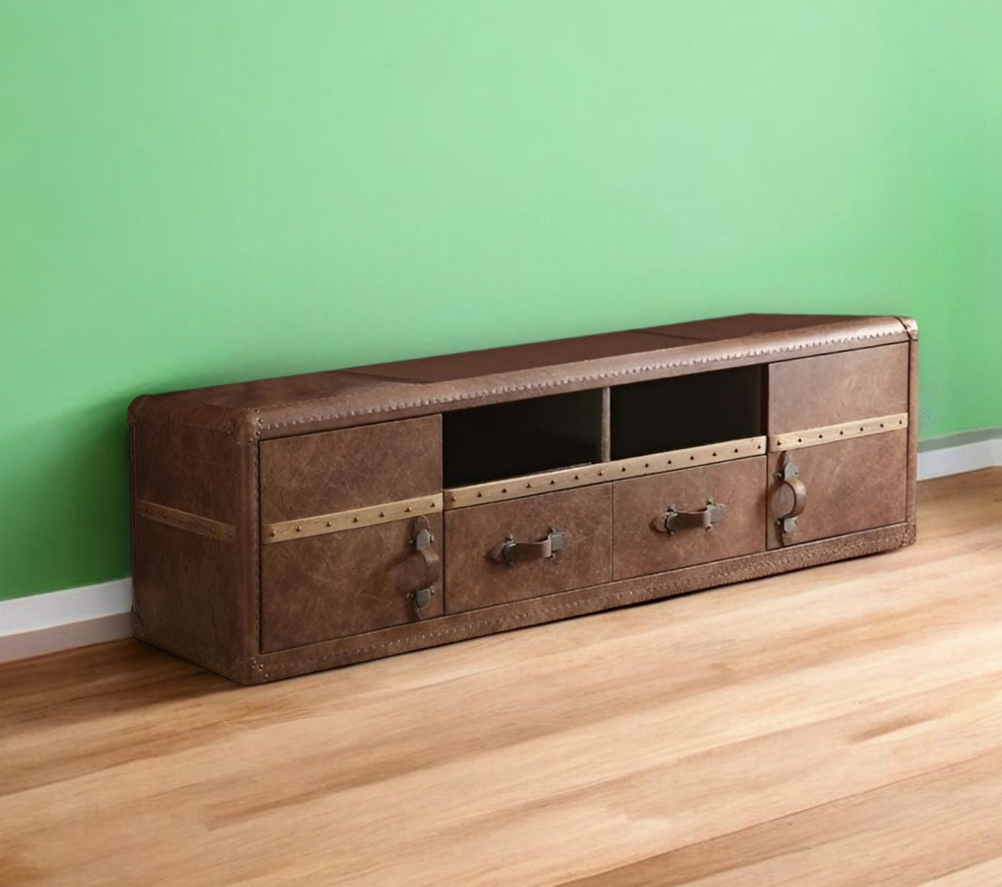 80" Brown Leather Cabinet Enclosed Storage TV Stand