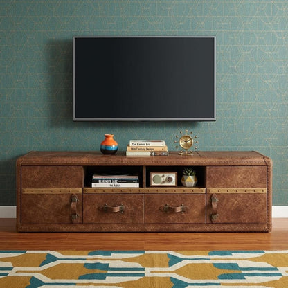 80" Brown Leather Enclosed and Open Storage TV Stand