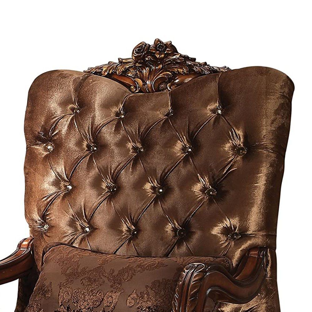 34" Golden Brown And Mahogany Velvet Tufted Arm Chair And Toss Pillow