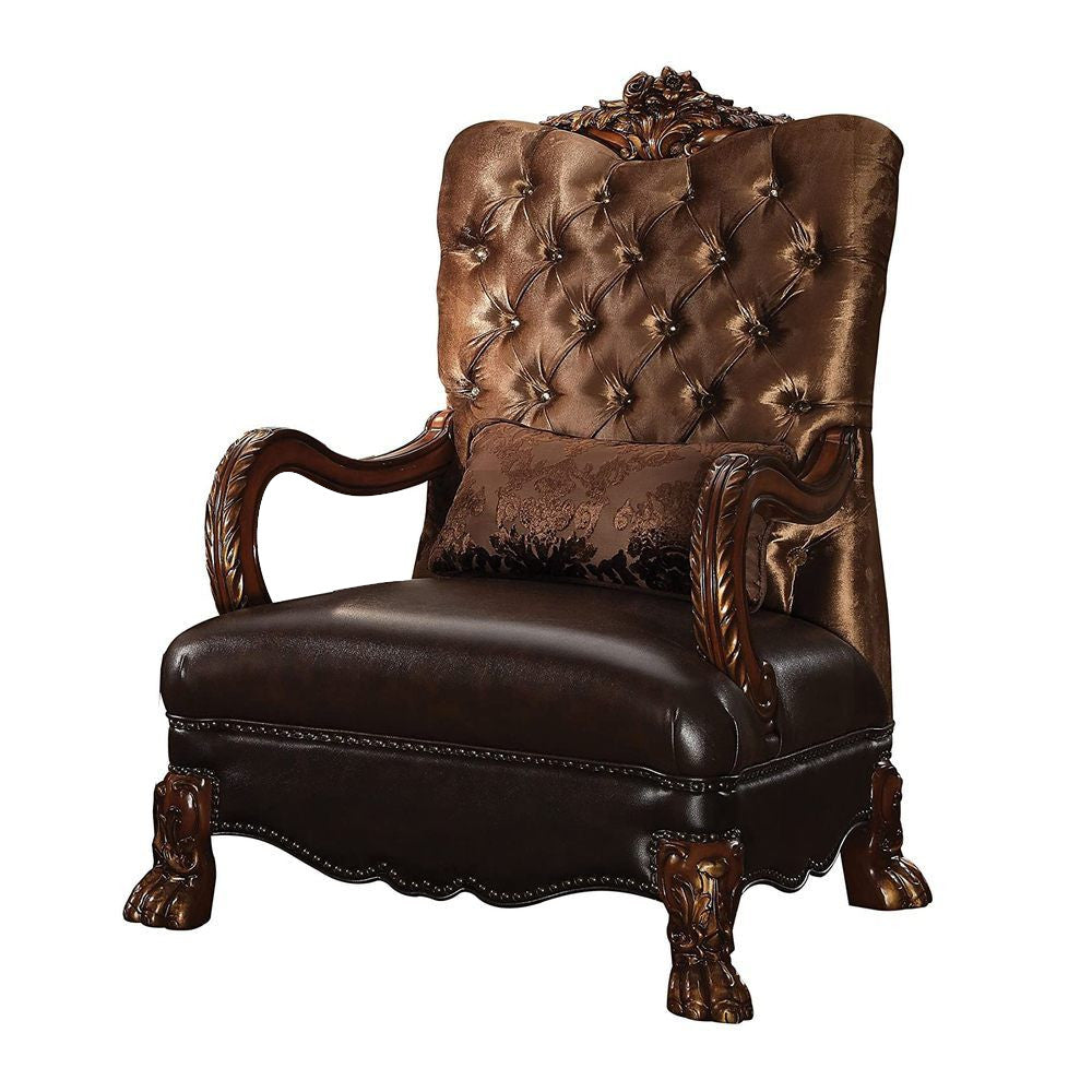 34" Golden Brown And Mahogany Velvet Tufted Arm Chair And Toss Pillow