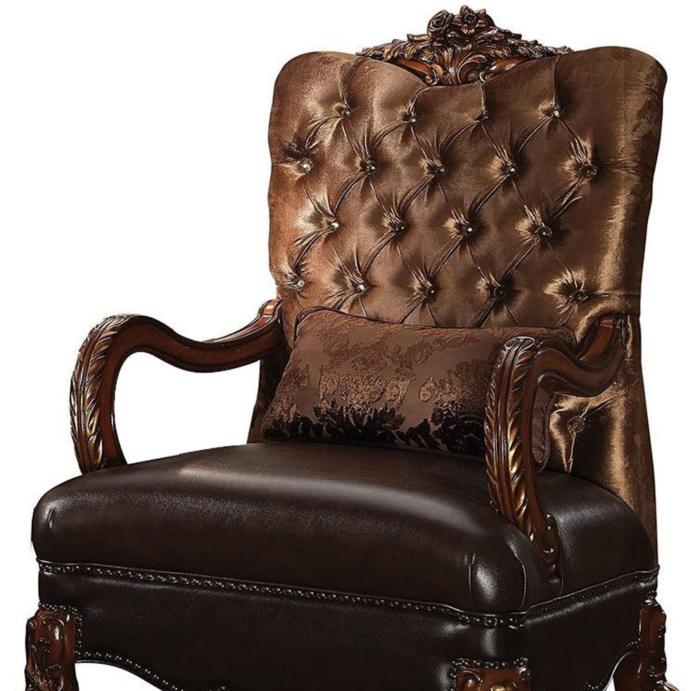 34" Golden Brown And Mahogany Velvet Tufted Arm Chair And Toss Pillow