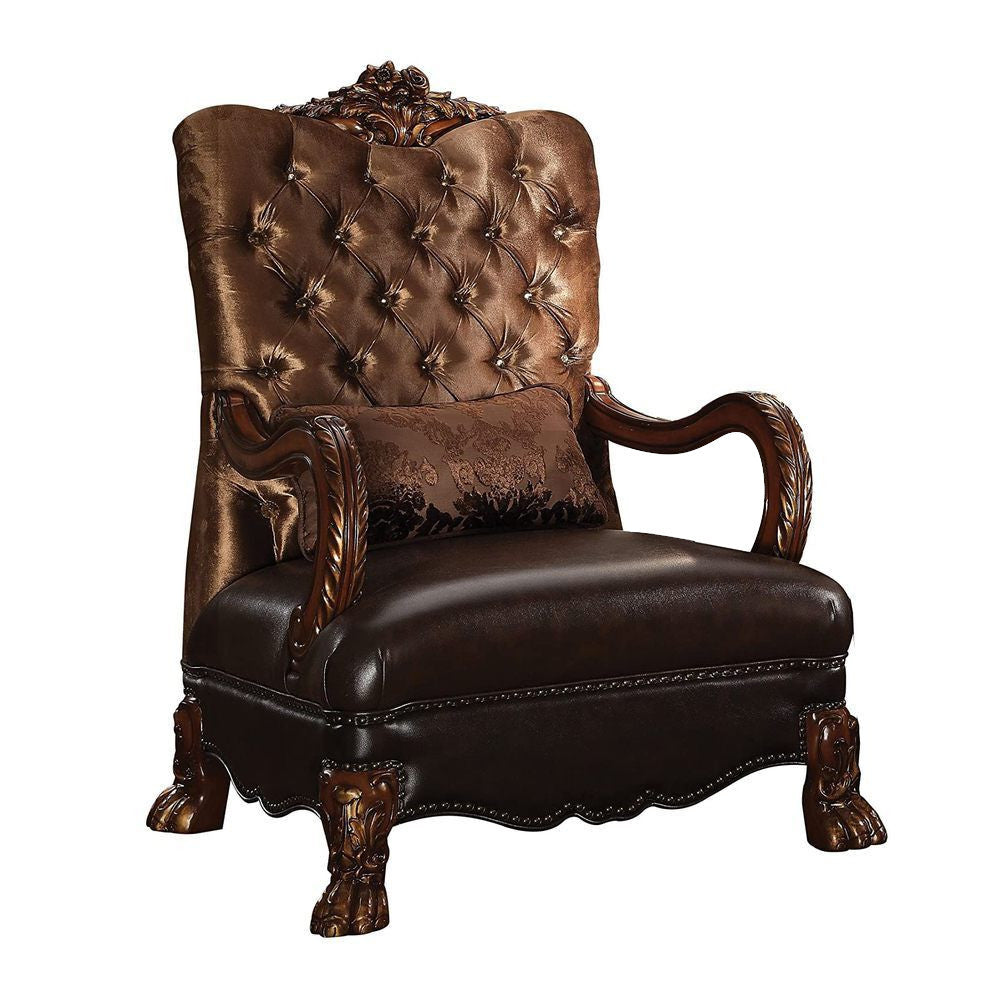 34" Golden Brown And Mahogany Velvet Tufted Arm Chair And Toss Pillow