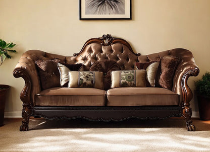 95" Golden Brown Velvet Curved Sofa And Toss Pillows With Brown Legs