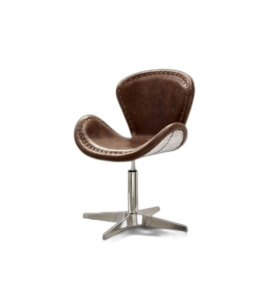 25" Brown and Silver Faux Leather Distressed Swivel Arm Chair