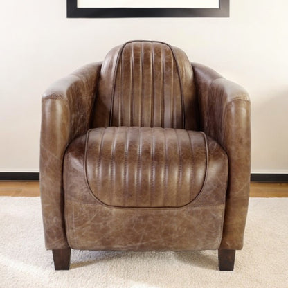 29" Brown Faux Leather Distressed Barrel Chair