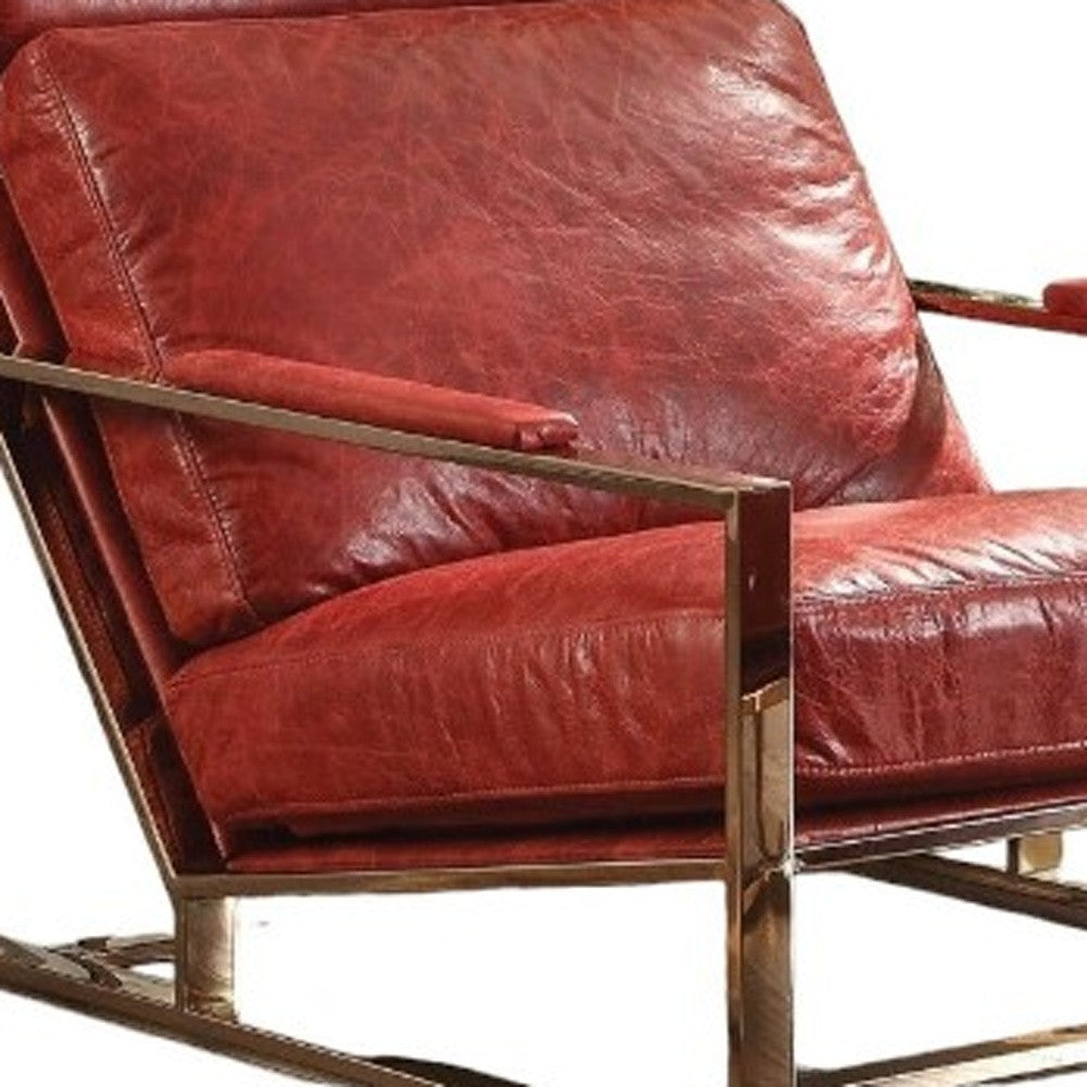 29" Red And Gold Top Grain Leather Lounge Chair With Ottoman