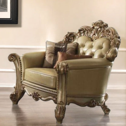 48" Bone and Gold Faux Leather Tufted Chair and a Half And Toss Pillows