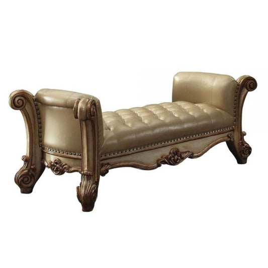 74" Beige and Gold Upholstered Faux Leather Bench