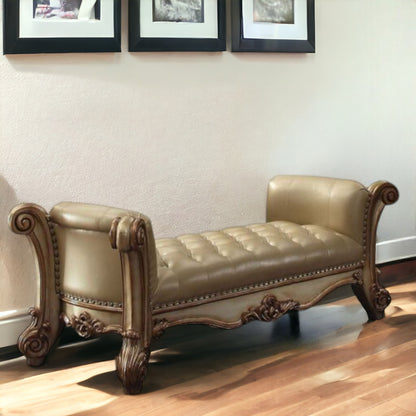 74" Beige and Gold Upholstered Faux Leather Bench