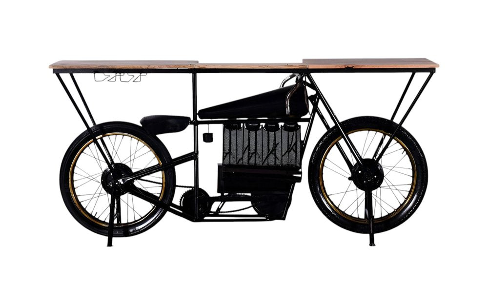 17" Black Metal and Solid Wood Motorcycle Bar Cart With Wine Storage
