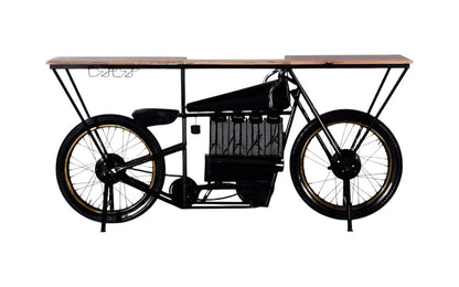 17" Black Metal and Solid Wood Motorcycle Bar Cart With Wine Storage