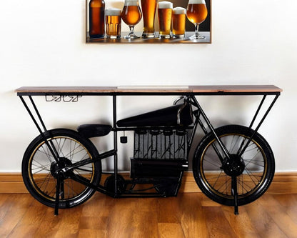 17" Black Metal and Solid Wood Motorcycle Bar Cart With Wine Storage