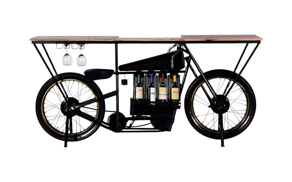 17" Black Metal and Solid Wood Motorcycle Bar Cart With Wine Storage