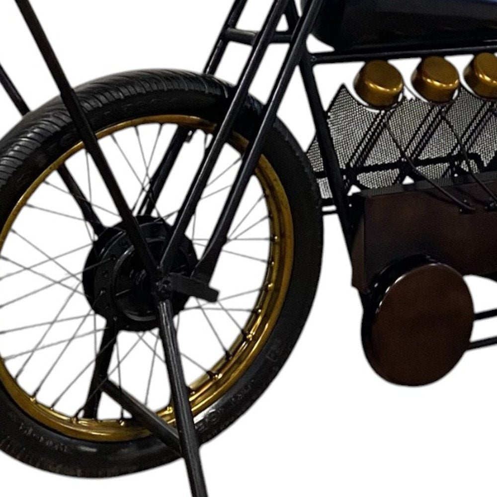 17" Black Metal and Solid Wood Motorcycle Bar Cart With Wine Storage