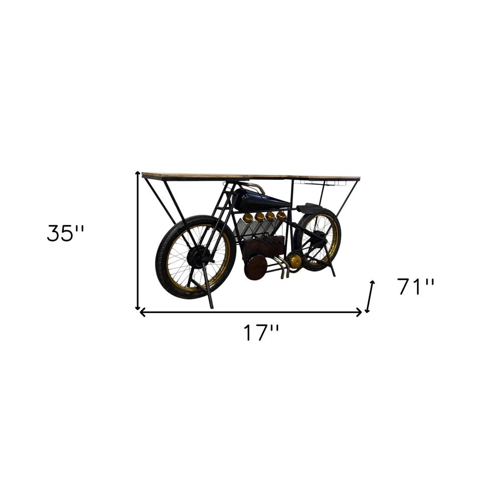 17" Black Metal and Solid Wood Motorcycle Bar Cart With Wine Storage