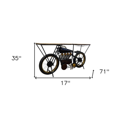 17" Black Metal and Solid Wood Motorcycle Bar Cart With Wine Storage