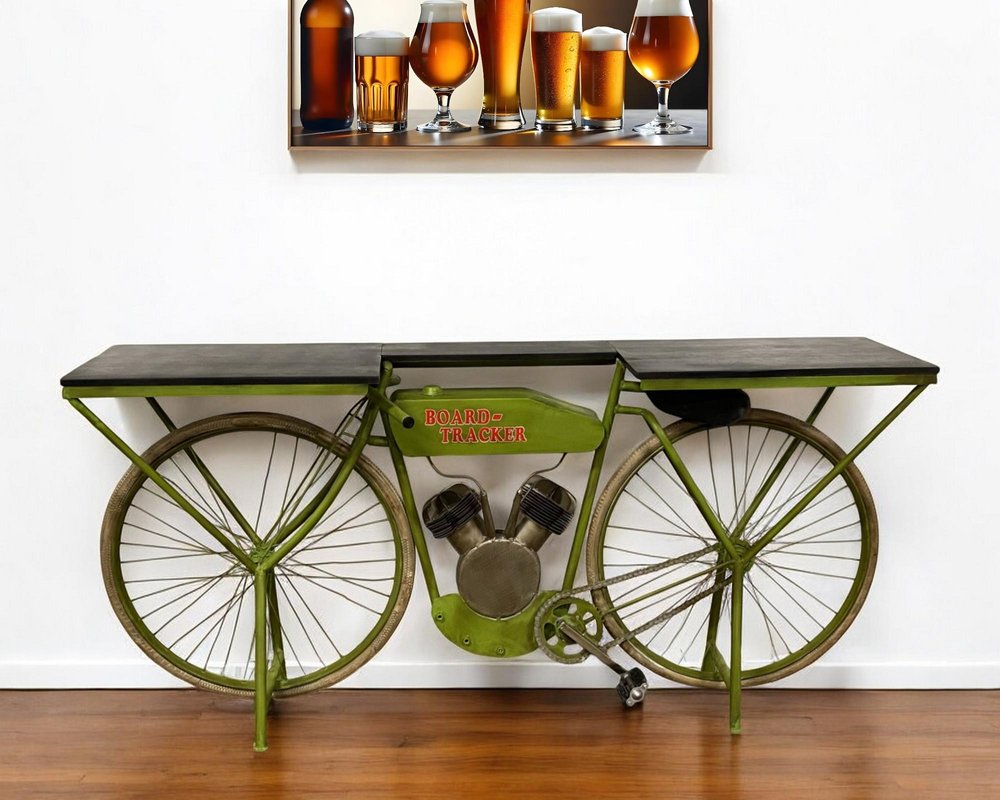 71" Brown and Green Solid Wood and Metal Bike Kitchen Cart
