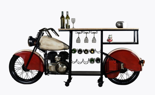 Red and Black Metal And Wood Rolling Glider Bike Bar Cart With Wine Storage