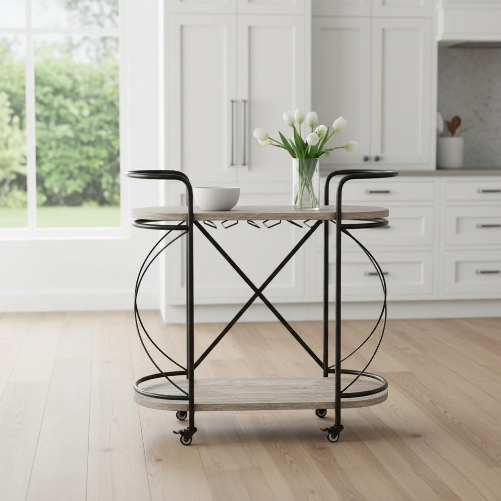 15" Black Solid Wood and Steel Round Rolling Kitchen Cart With Storage