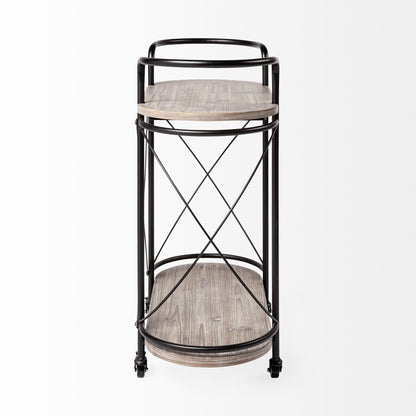 Cyclider Black Metal With Two Wooden Shelves Bar Cart