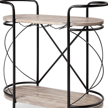 15" Black Solid Wood and Steel Round Rolling Kitchen Cart With Storage