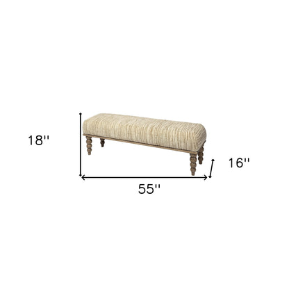 55" Cream and Wood Brown Upholstered Polyester Blend Bench