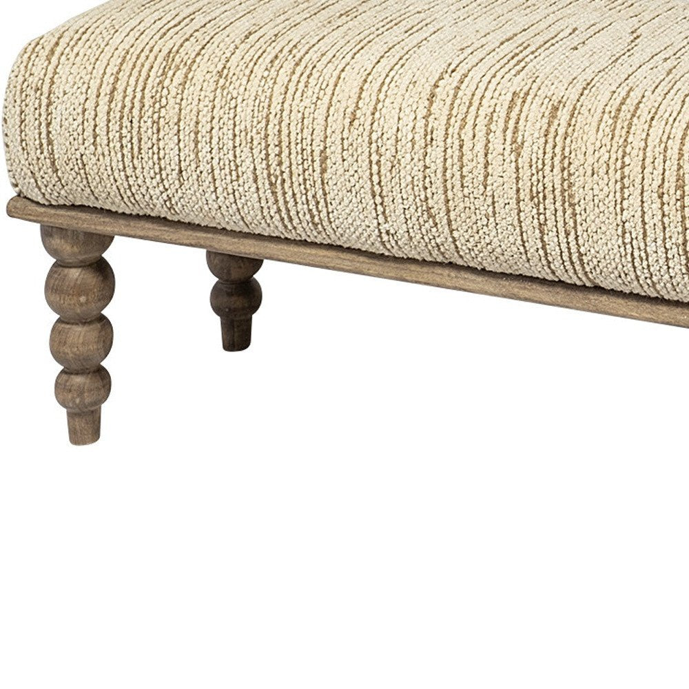 55" Cream and Wood Brown Upholstered Fabric Bench