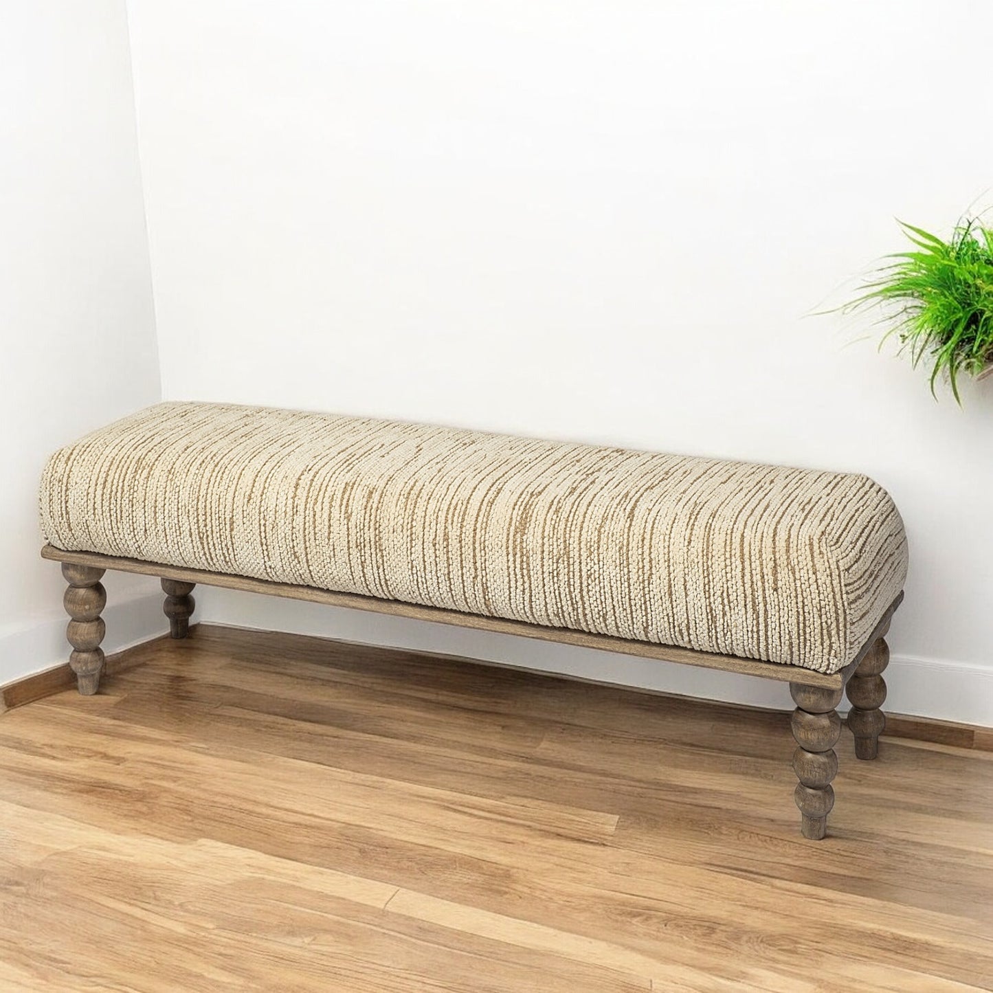 55" Cream and Wood Brown Upholstered Polyester Blend Bench