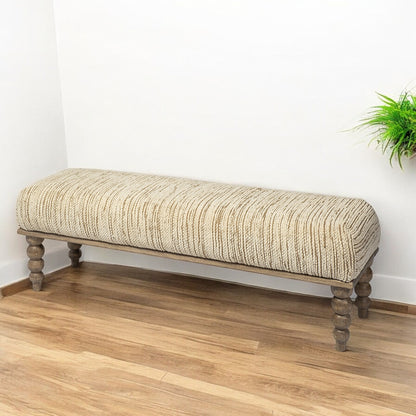 55" Cream and Wood Brown Upholstered Polyester Blend Bench