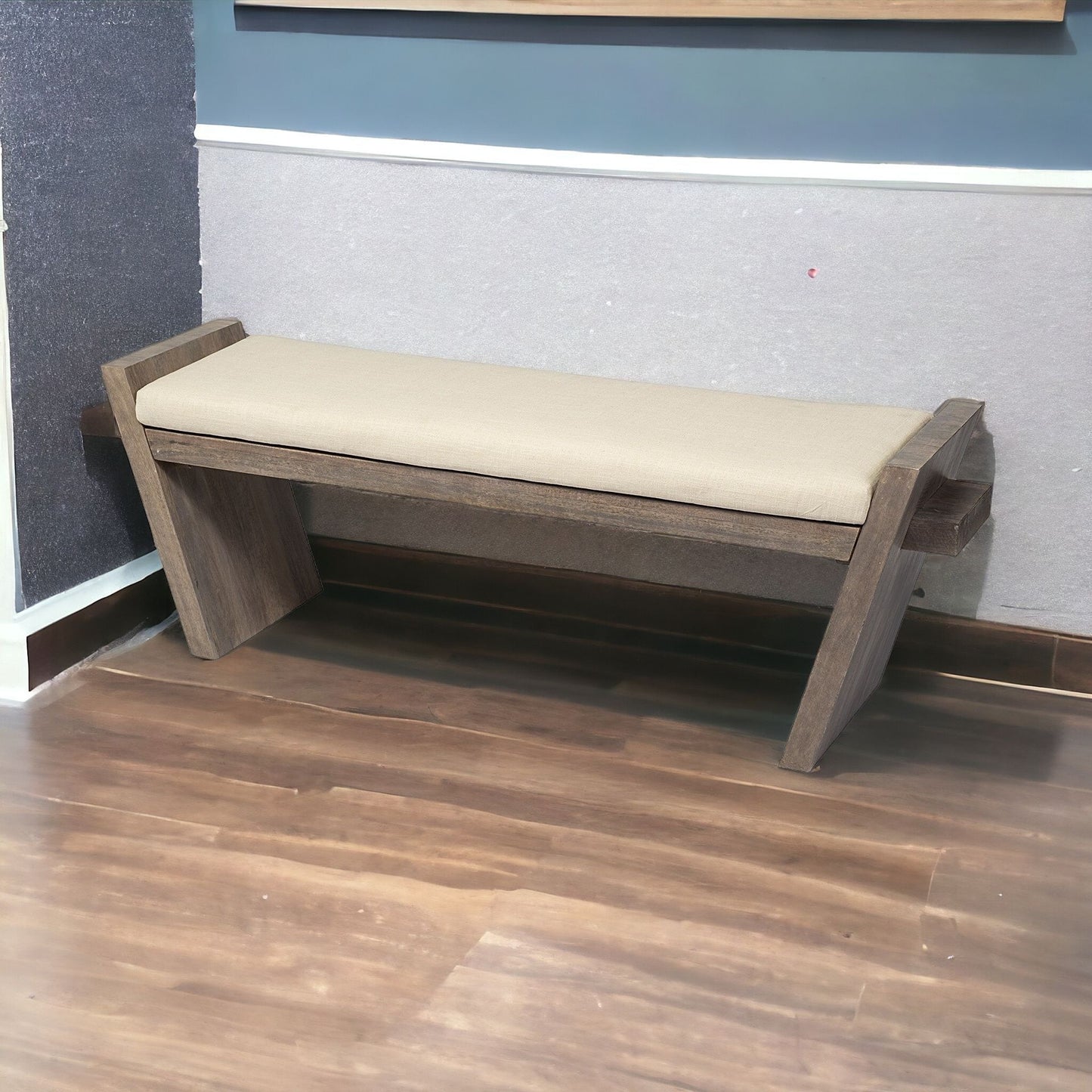 14" Cream and Brown Upholstered Linen Blend Bench