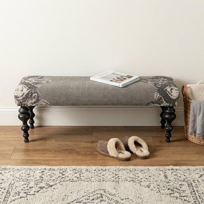 55" Gray and Black Upholstered Cotton Blend Floral Distressed Bench